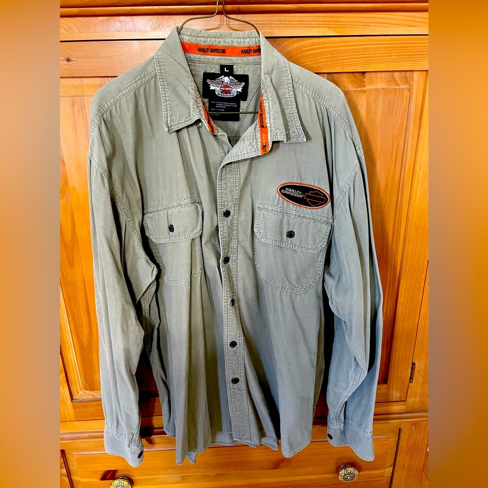 Mens Harley Davidson Button Up Shirt Large Long Sleeve Biege